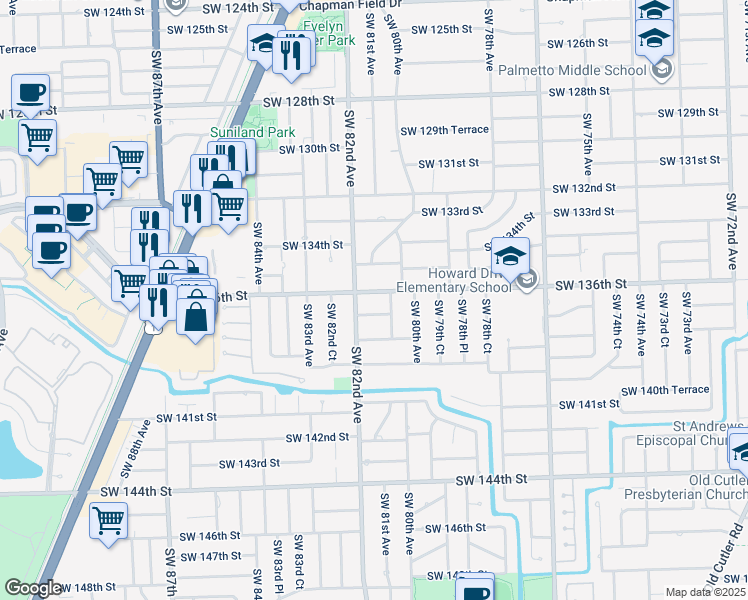 map of restaurants, bars, coffee shops, grocery stores, and more near 8100 Southwest 136th Street in Miami