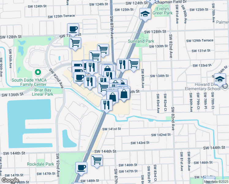 map of restaurants, bars, coffee shops, grocery stores, and more near 13601 South Dixie Highway in Palmetto Bay