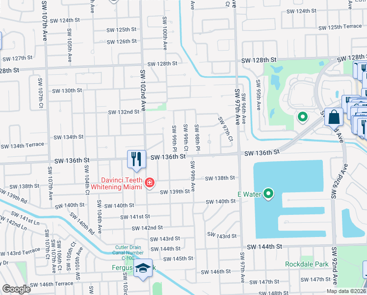 map of restaurants, bars, coffee shops, grocery stores, and more near 13520 Southwest 99th Court in Miami