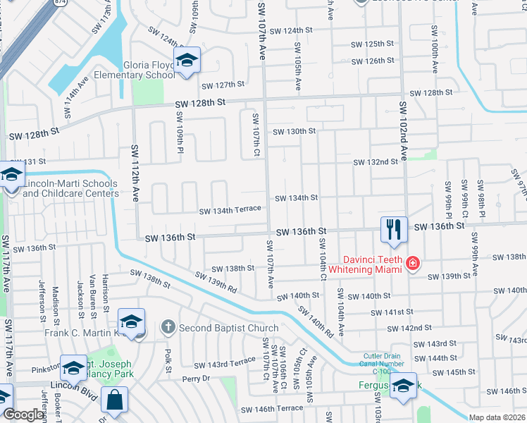 map of restaurants, bars, coffee shops, grocery stores, and more near 10700 Southwest 134th Terrace in Miami
