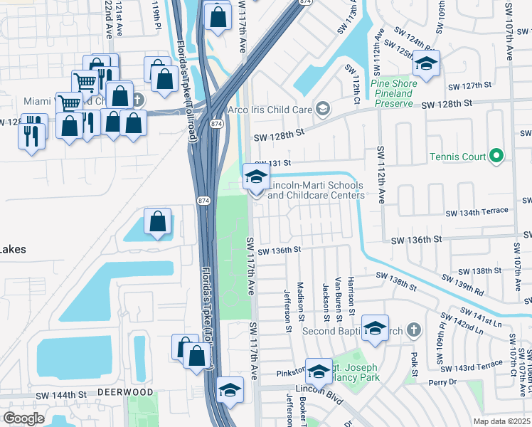 map of restaurants, bars, coffee shops, grocery stores, and more near 13336 Southwest 116th Court in Miami