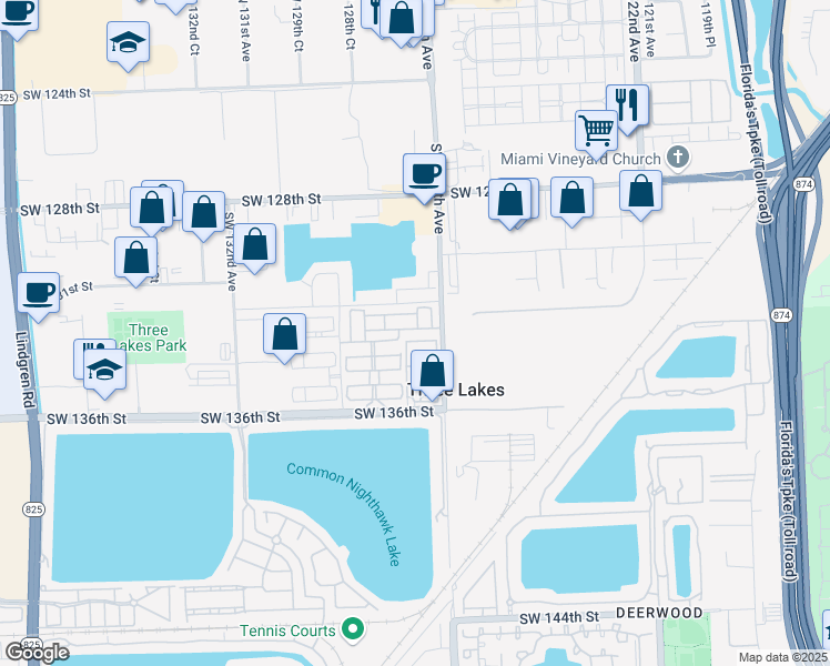 map of restaurants, bars, coffee shops, grocery stores, and more near 12748 Southwest 133rd Street in Miami