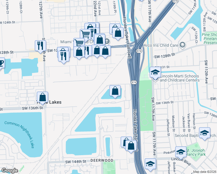 map of restaurants, bars, coffee shops, grocery stores, and more near 12164 Southwest 133rd Terrace in Miami