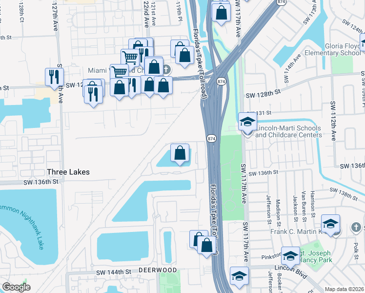 map of restaurants, bars, coffee shops, grocery stores, and more near 12010 Southwest 133rd Terrace in Miami