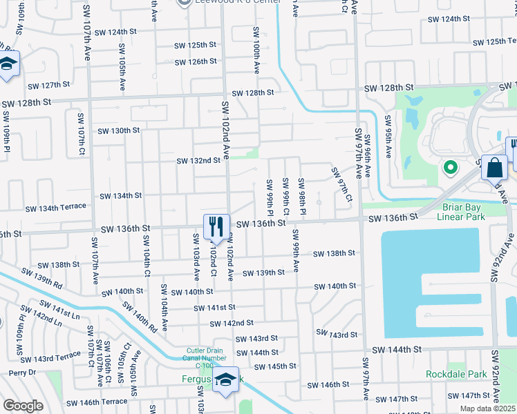 map of restaurants, bars, coffee shops, grocery stores, and more near 13455 Southwest 100th Court in Miami