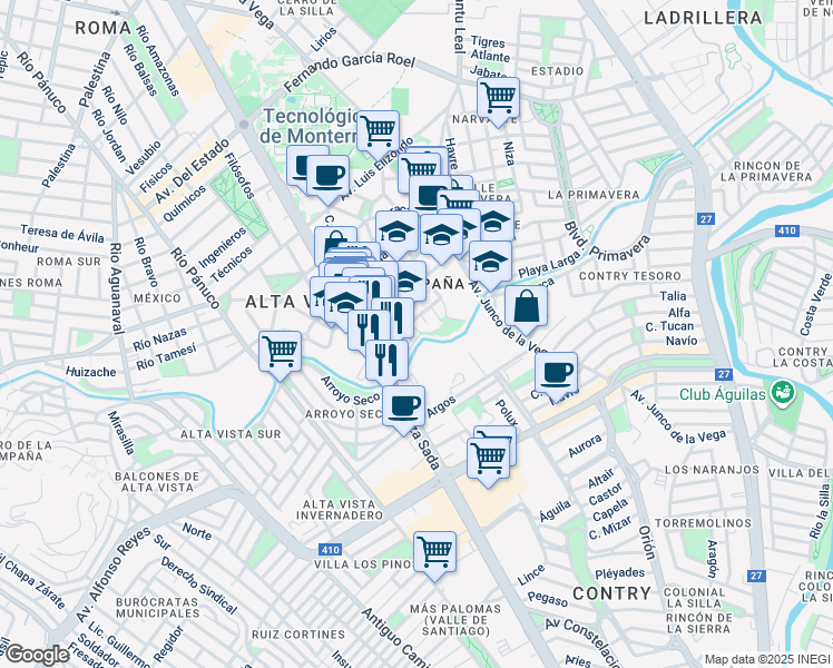 map of restaurants, bars, coffee shops, grocery stores, and more near 347 Galicia in Monterrey