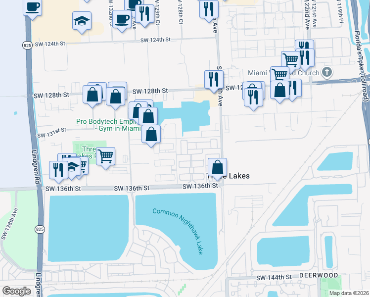 map of restaurants, bars, coffee shops, grocery stores, and more near 12801 Southwest 133rd Terrace in Miami