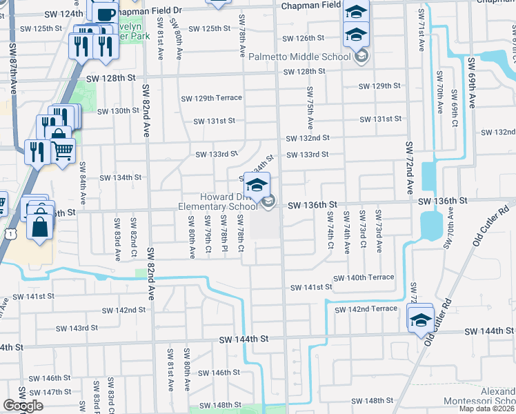 map of restaurants, bars, coffee shops, grocery stores, and more near 13566 Southwest 77th Court in Pinecrest