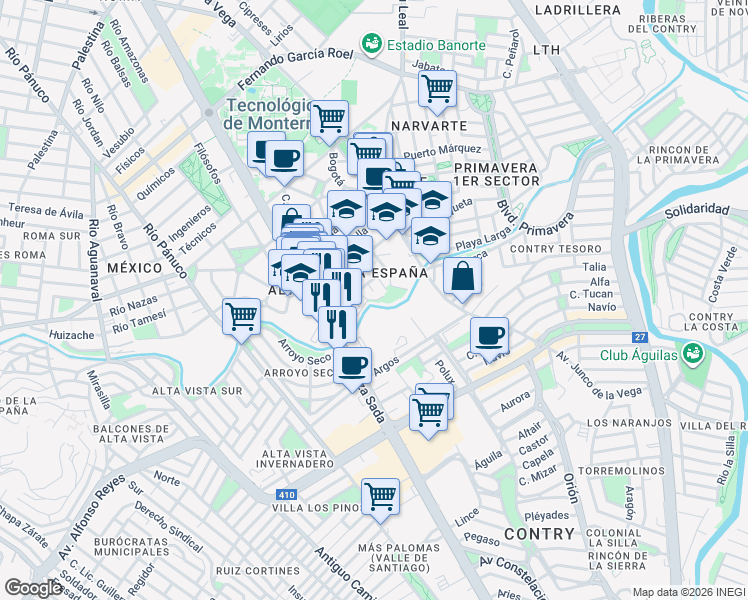 map of restaurants, bars, coffee shops, grocery stores, and more near 347 Galicia in Monterrey
