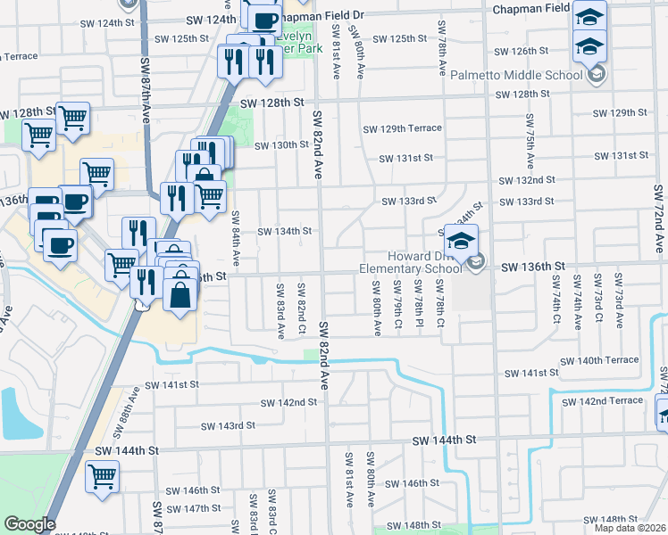 map of restaurants, bars, coffee shops, grocery stores, and more near 8100 Southwest 136th Street in Miami