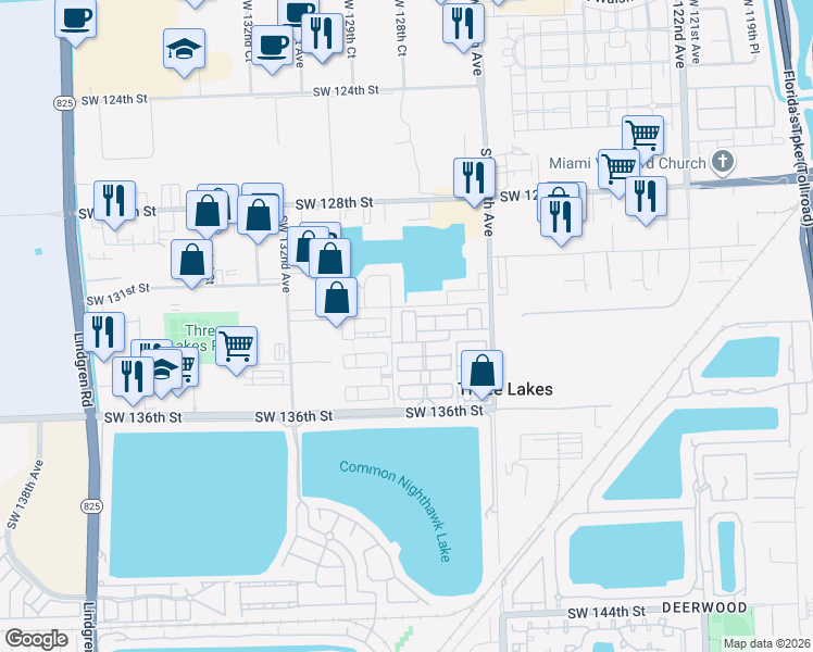 map of restaurants, bars, coffee shops, grocery stores, and more near 12928 Southwest 133rd Street in Miami