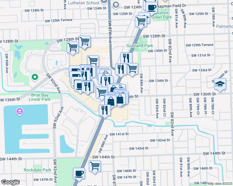 map of restaurants, bars, coffee shops, grocery stores, and more near 13601 South Dixie Highway in Palmetto Bay