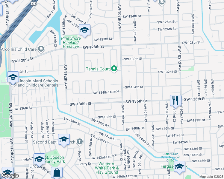 map of restaurants, bars, coffee shops, grocery stores, and more near 10735 Southwest 134th Terrace in Miami