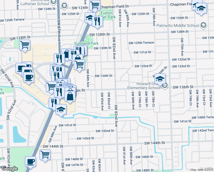 map of restaurants, bars, coffee shops, grocery stores, and more near 8230 Southwest 136th Street in Miami