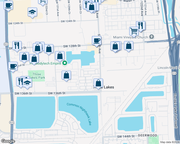 map of restaurants, bars, coffee shops, grocery stores, and more near 12801 Southwest 133rd Terrace in Miami