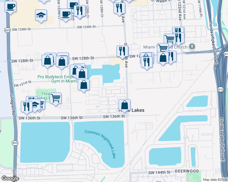 map of restaurants, bars, coffee shops, grocery stores, and more near 12801 Southwest 133rd Terrace in Miami