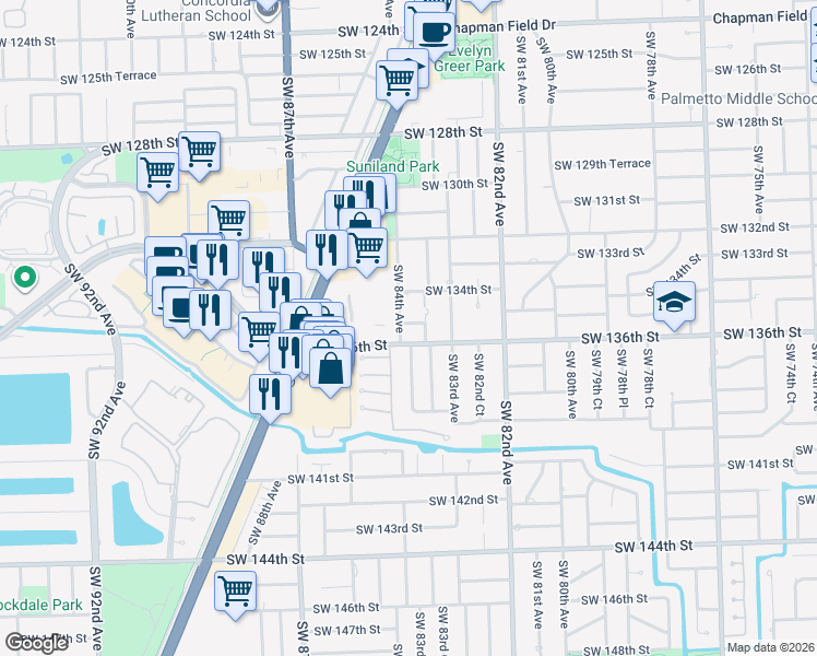 map of restaurants, bars, coffee shops, grocery stores, and more near 8399 Southwest 136th Street in Miami