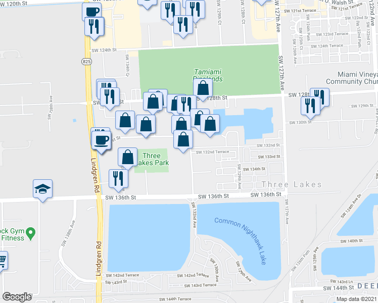 map of restaurants, bars, coffee shops, grocery stores, and more near 13310 Southwest 132nd Avenue in Miami