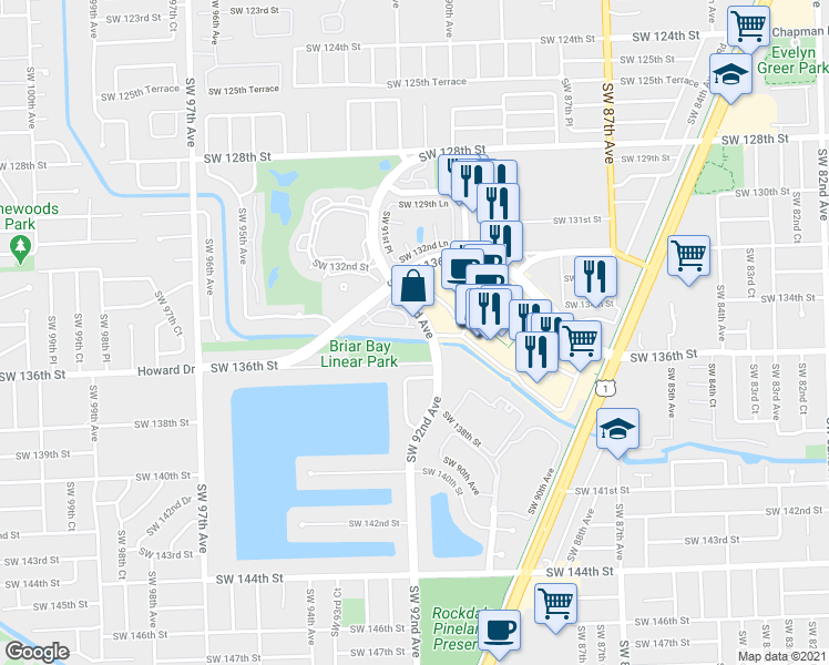 map of restaurants, bars, coffee shops, grocery stores, and more near 9226 Southwest 136th Street Circle in Miami