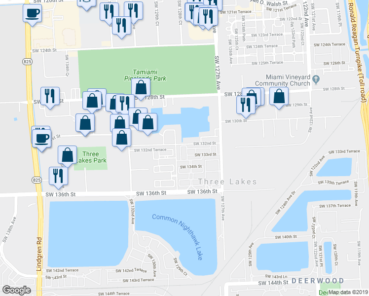 map of restaurants, bars, coffee shops, grocery stores, and more near 12801 Southwest 133rd Terrace in Miami