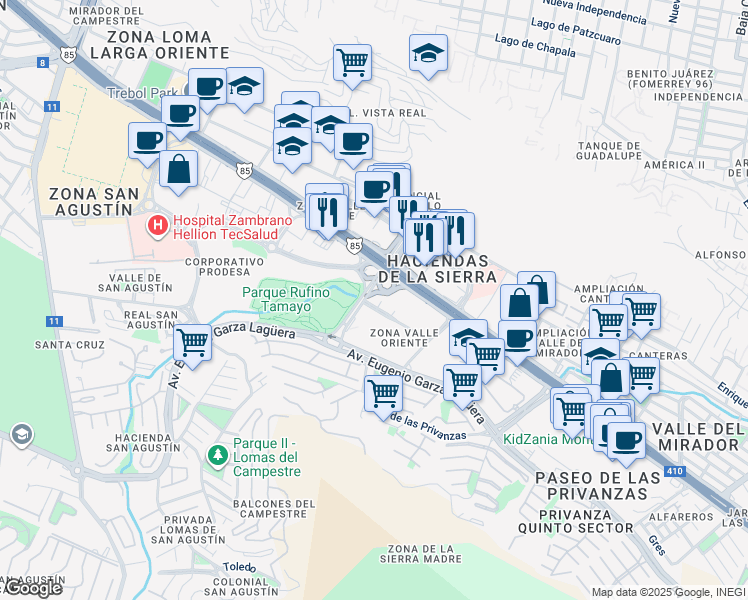 map of restaurants, bars, coffee shops, grocery stores, and more near José Clemente Orozco in San Pedro Garza García