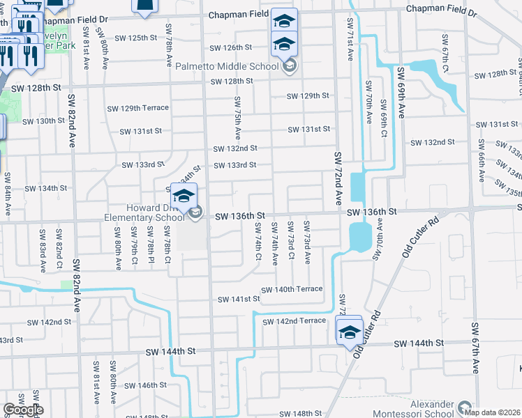 map of restaurants, bars, coffee shops, grocery stores, and more near 7420 Southwest 135th Street in Miami