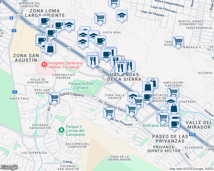 map of restaurants, bars, coffee shops, grocery stores, and more near José Clemente Orozco in San Pedro Garza García