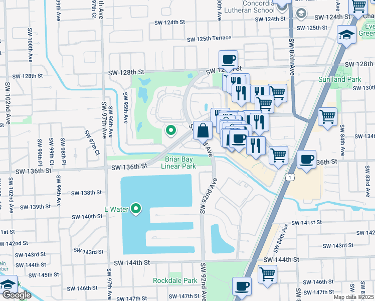 map of restaurants, bars, coffee shops, grocery stores, and more near 9285 Southwest 136th Street Circle in Miami