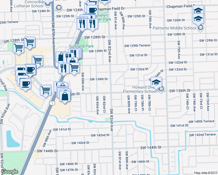 map of restaurants, bars, coffee shops, grocery stores, and more near 8200 Southwest 134th Street in Miami