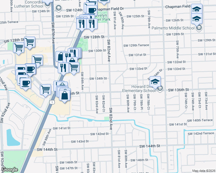 map of restaurants, bars, coffee shops, grocery stores, and more near 8200 Southwest 134th Street in Miami