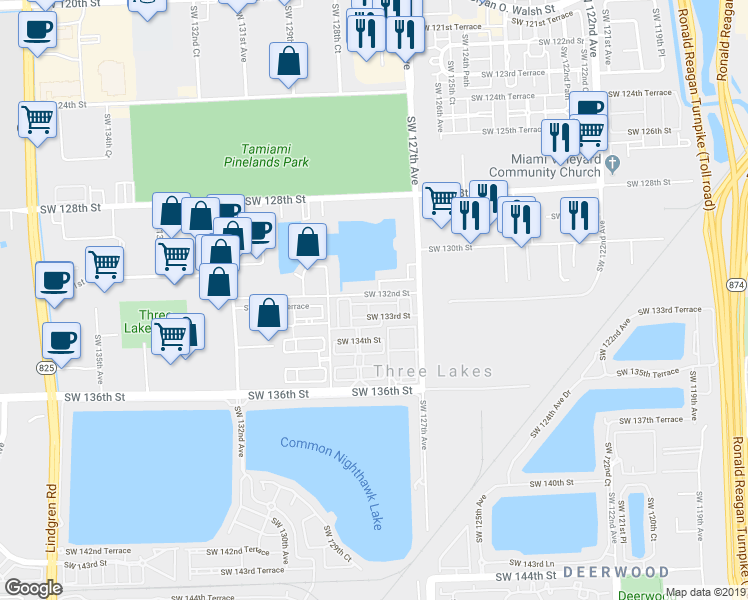 map of restaurants, bars, coffee shops, grocery stores, and more near 12855 Southwest 132nd Terrace in Miami