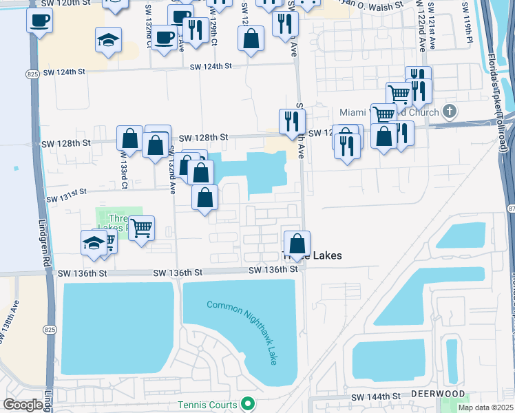 map of restaurants, bars, coffee shops, grocery stores, and more near 12879 Southwest 132nd Terrace in Miami