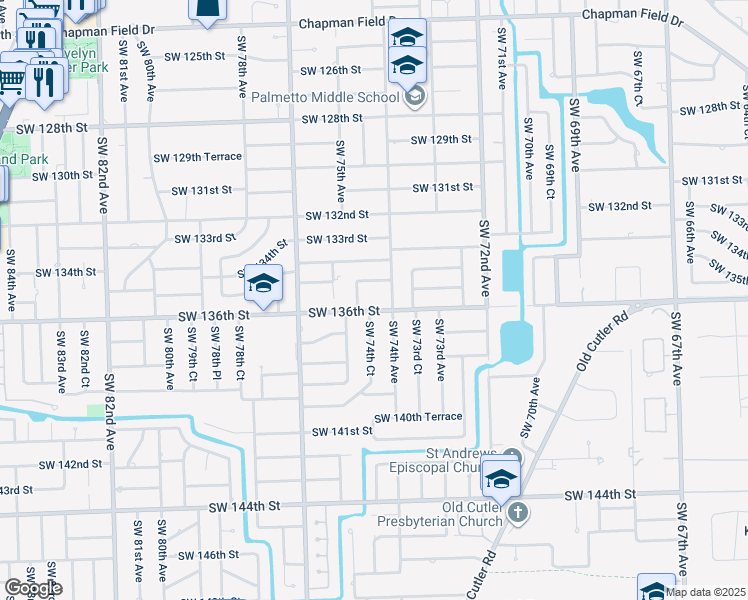 map of restaurants, bars, coffee shops, grocery stores, and more near 7420 Southwest 135th Street in Miami