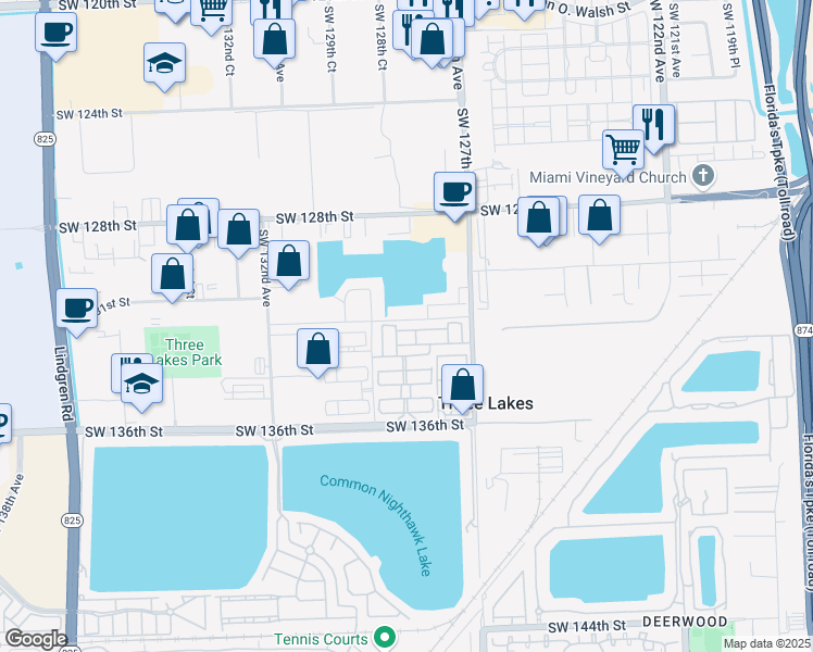 map of restaurants, bars, coffee shops, grocery stores, and more near 12855 Southwest 132nd Terrace in Miami