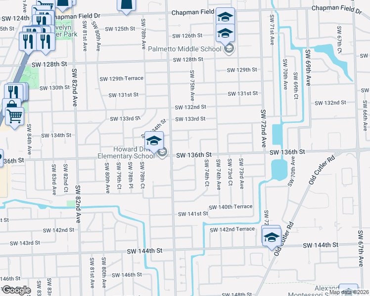 map of restaurants, bars, coffee shops, grocery stores, and more near 13455 Southwest 75th Court in Miami