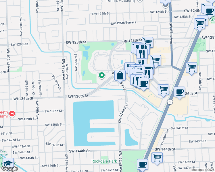 map of restaurants, bars, coffee shops, grocery stores, and more near 9355 Southwest 134th Street in Miami