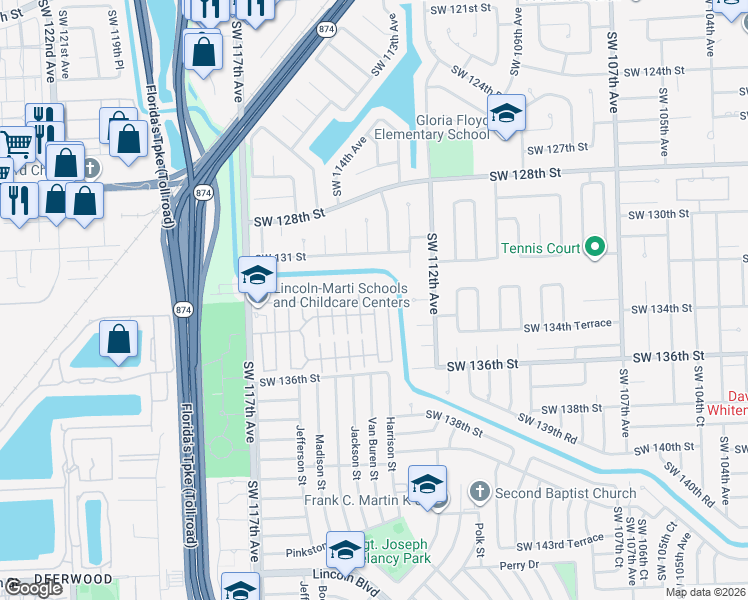 map of restaurants, bars, coffee shops, grocery stores, and more near 13301 Southwest 112th Place in Miami