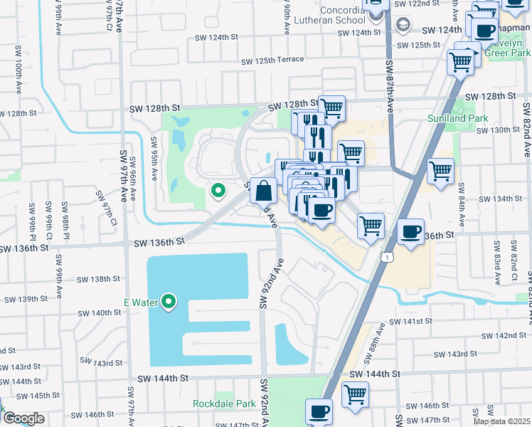 map of restaurants, bars, coffee shops, grocery stores, and more near 9216 Southwest 136th Street Circle in Miami