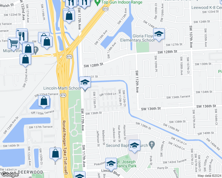 map of restaurants, bars, coffee shops, grocery stores, and more near Southwest 133rd Terrace in Miami