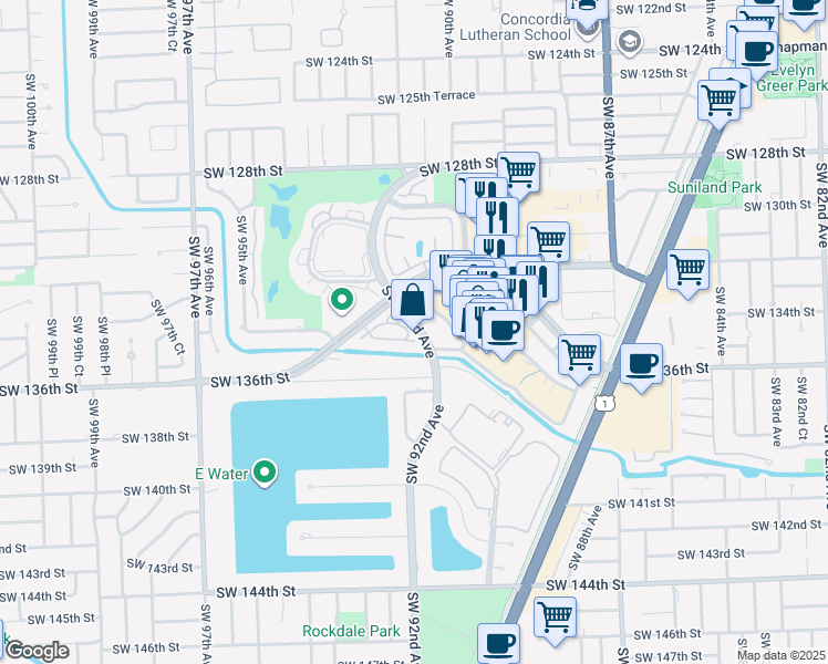 map of restaurants, bars, coffee shops, grocery stores, and more near 9210 Southwest 136th Street Circle in Miami