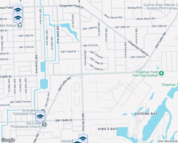 map of restaurants, bars, coffee shops, grocery stores, and more near 13520 Southwest 66th Avenue in Miami