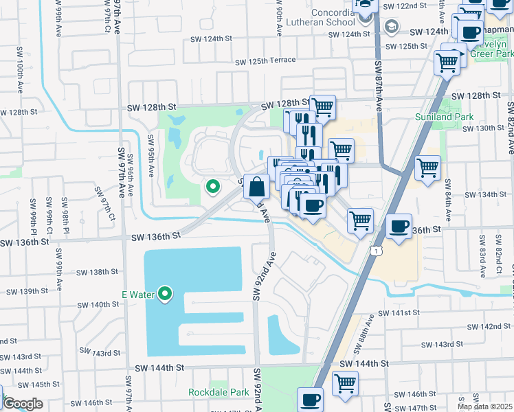 map of restaurants, bars, coffee shops, grocery stores, and more near 9210 SW 136th St Cir in Miami
