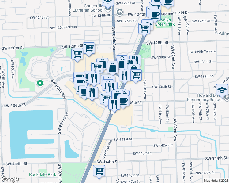 map of restaurants, bars, coffee shops, grocery stores, and more near 8731 Southwest 136th Street in Miami