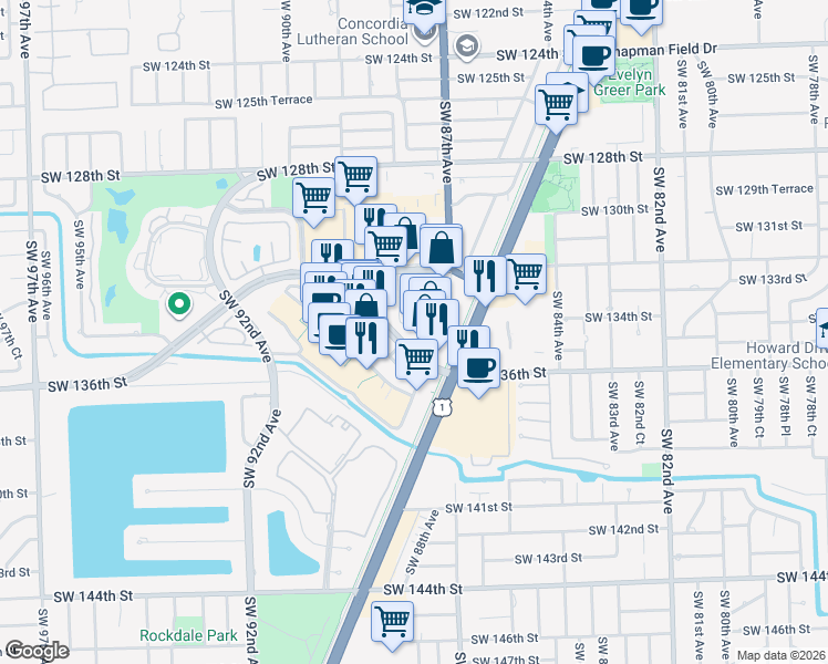 map of restaurants, bars, coffee shops, grocery stores, and more near 8731 Southwest 136th Street in Miami