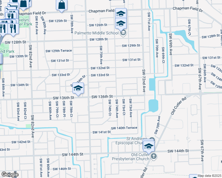 map of restaurants, bars, coffee shops, grocery stores, and more near 7420 Southwest 135th Street in Miami