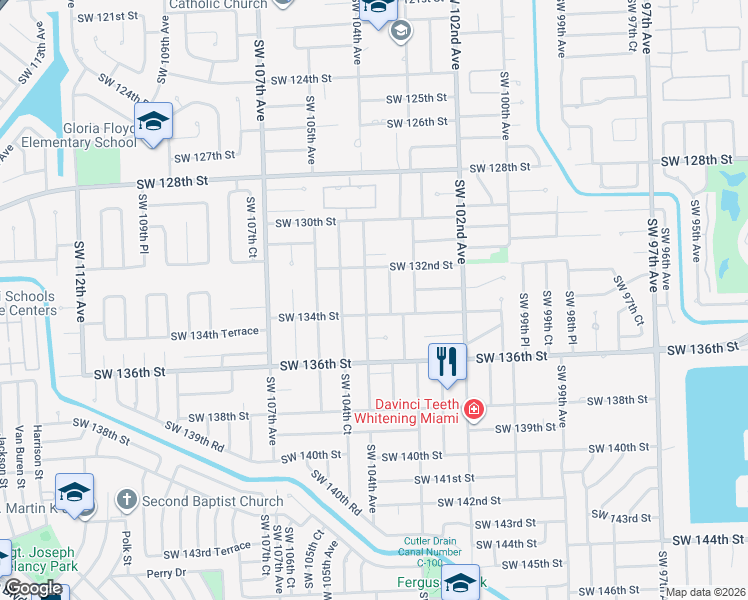 map of restaurants, bars, coffee shops, grocery stores, and more near 13321 Southwest 104th Avenue in Miami