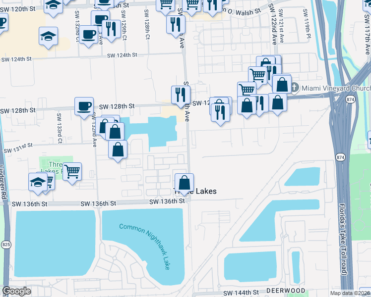 map of restaurants, bars, coffee shops, grocery stores, and more near 12700 Southwest 131st Terrace in Miami