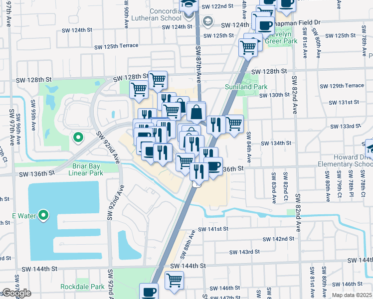 map of restaurants, bars, coffee shops, grocery stores, and more near in Kendall