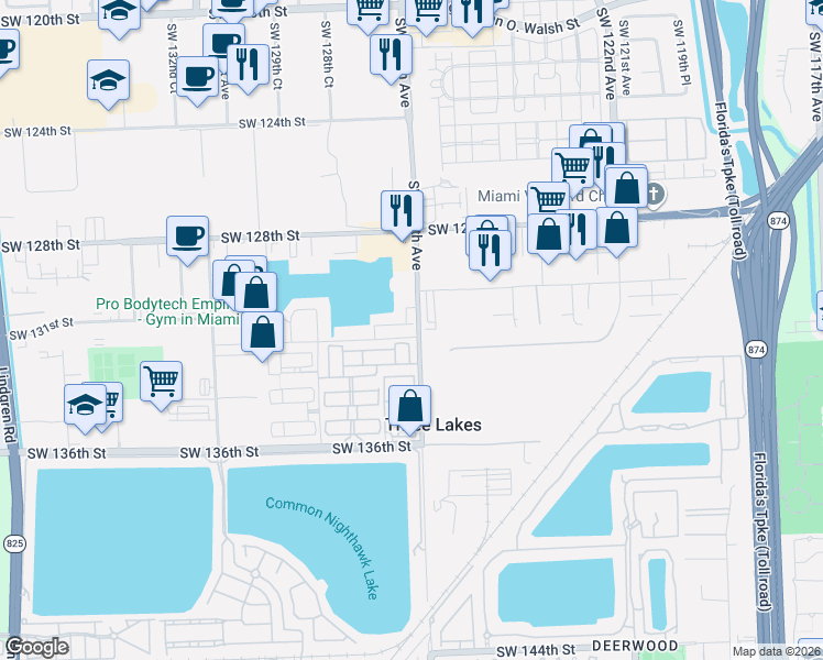 map of restaurants, bars, coffee shops, grocery stores, and more near 12700 Southwest 131st Terrace in Miami