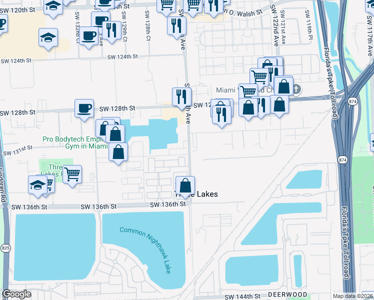 map of restaurants, bars, coffee shops, grocery stores, and more near 12700 Southwest 131st Terrace in Miami
